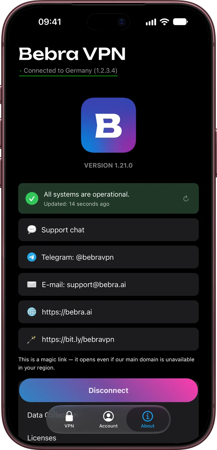Bebra’s About screen on iPhone with the service status, support chat, Telegram and email
