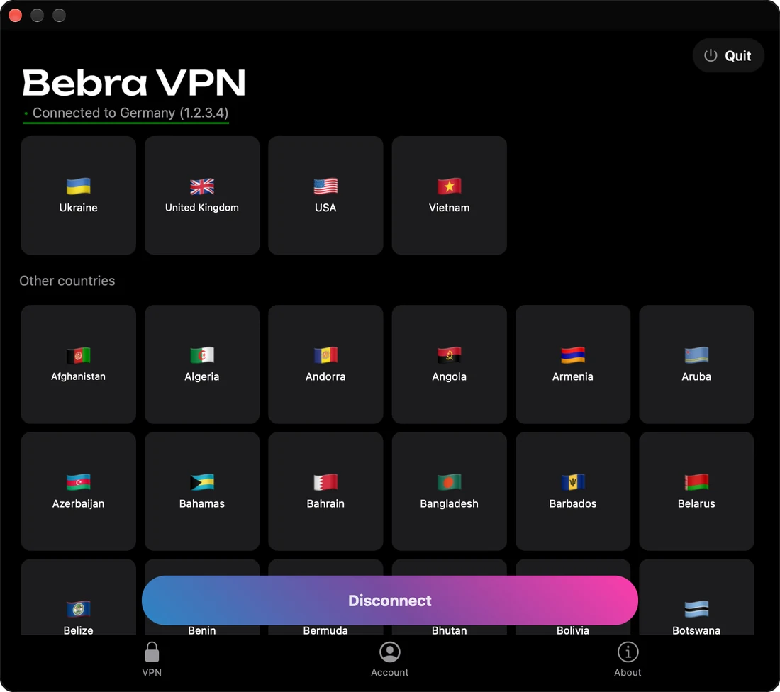 Bebra window on a Mac showing the grid of other countries