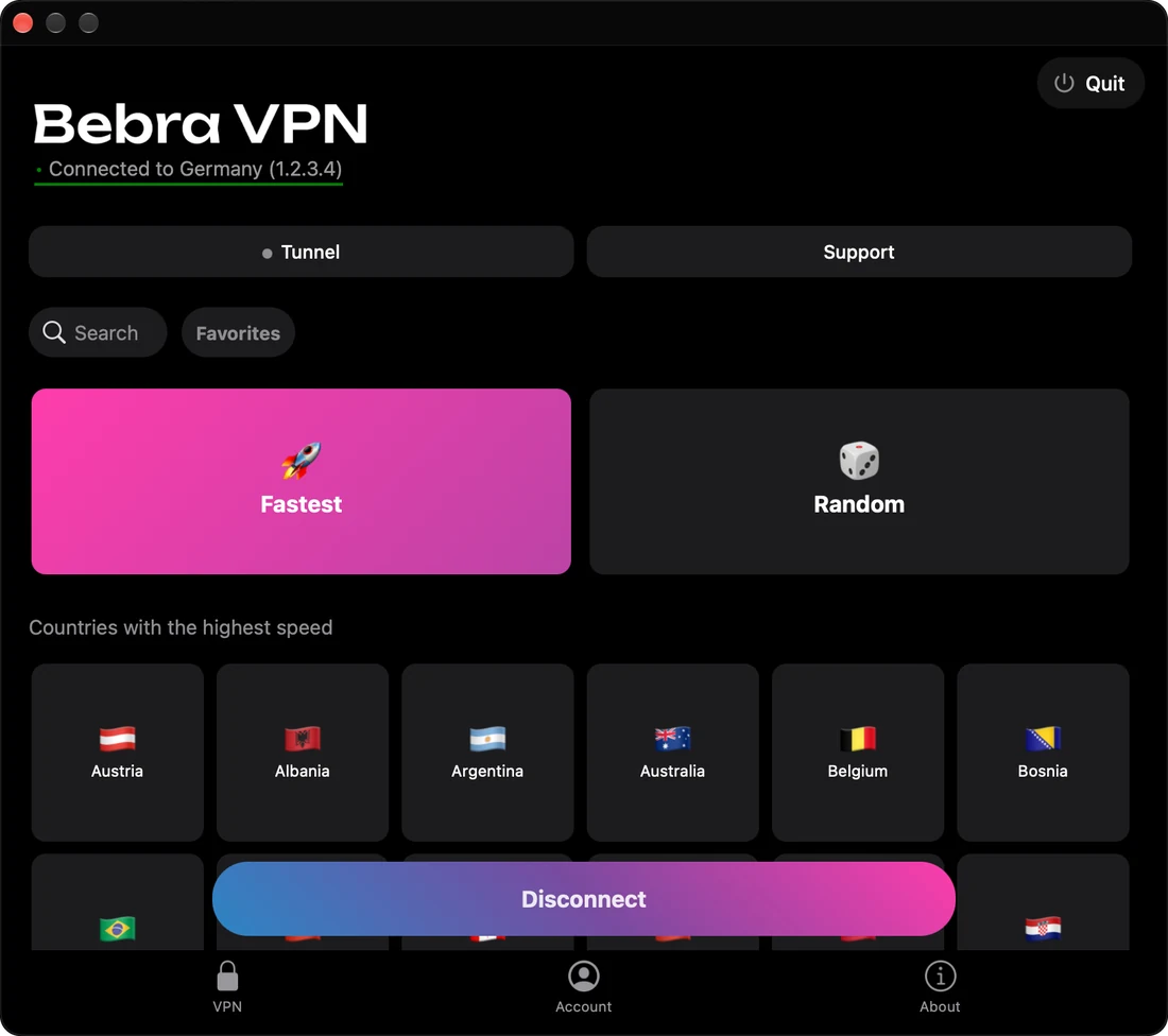 Bebra window on a Mac, connected to Germany, with the grid of countries below